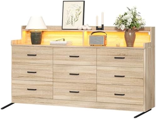 Bigbiglife 9 Drawer Dresser with Built-in Power Outlet, Mid Century Modern Chest of Drawers for Bedroom,63'' Triple Wide Dresser Storage Cabinet for Closet, Living Room, Entryway,Light Wood - Image 3