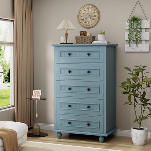 42.7'' Tall 5 Drawer Dresser for Bedroom, Vintage Blue Wood Storage Chest - Image 3