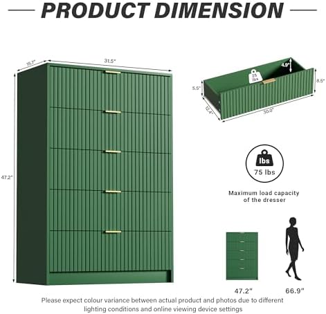 Furniway Green Dresser for Bedroom, Modern Dresser with 5 Drawers and Smooth Slides, Wide Chest of Drawers with Golden Handles for Bedroom, Living Room, Closet, 15.7" D x 31.5" W x 47.2" H - Image 2