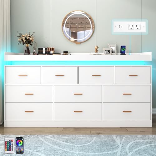 Hlivelood 10 Drawer Dresser with LED Light and Charging Station, Modern Chest of Drawers for Closet, Wide Drawer Organizer Cabinet for, Living Room, Entryway, Hallway, White - Image 6