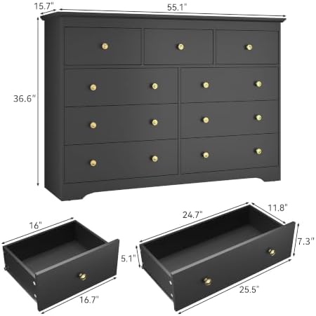 Black Dresser for Bedroom, 9 Drawer Dresser with Large Drawers, 55 Inch Wide Wood Chest for Living Room, Hallway - Image 2