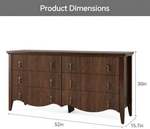 FUSUNBAO 6-Drawer Fluted Dresser, 52" Wide Double Chest of Drawers,Walnut - Image 2