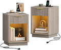 Akxomel Fluted Nightstand Set 2 Bedside Table with Charging Station Greige by Akxomel