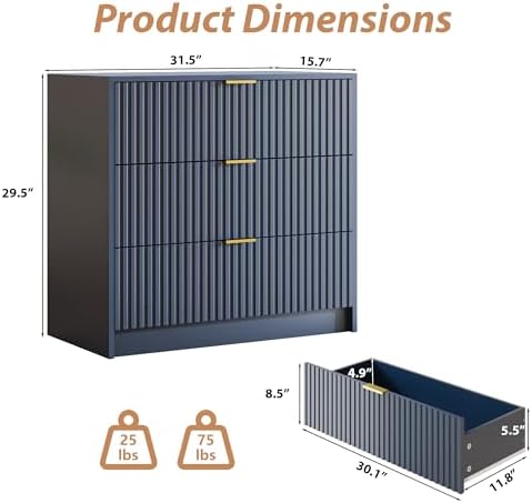 MAISONARIA Fluted Dresser for Bedroom, 32 Inch Wide Nightstand with Large Drawer, 3 Drawer End Table for Bedroom, Living Rooms, Offices, and Entryways, Navy Blue - Image 2