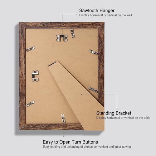 Hongkee 9x12 Picture Frame Set of 4, Made of Glass and Rustic Brown Wooden Frame - Display Picture 6x8 with Mat or 9 x 12 Without Mat, 9 by 12 Photo for Wall or Tabletop - Image 3