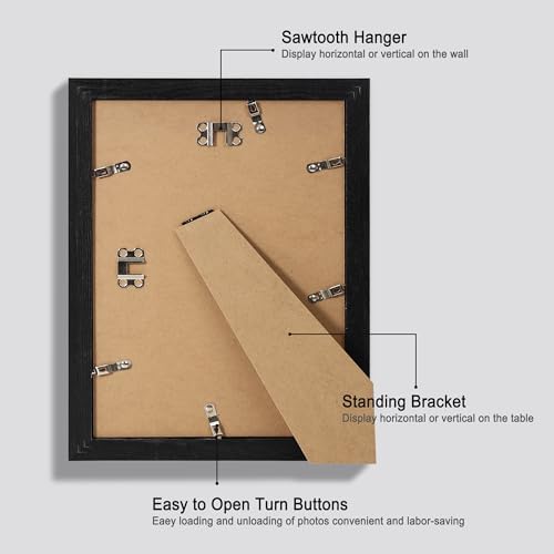 Hongkee 9x12 Picture Frame Set of 4, Made of Glass and Rustic Black Wooden Frame - Display Picture 6x8 with Mat or 9 x 12 Without Mat, 9 by 12 Photo for Wall or Tabletop - Image 3