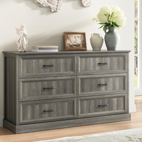 Farmhouse 6 Drawer Dresser for Bedroom, 55" Grey Dresser with TV Stand by CARPETNAL