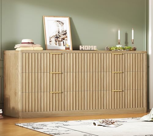 TEENFON 56.3'' Dresser for Bedroom with 6 Drawers, Dressers & Chest of Drawers with Curved Profile Design, 6 Drawer Dresser, Fluted Dressers, Wood Dressers for Bedroom, Living Room, Natural by TEENFON