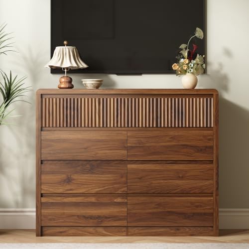 LYNSOM Walnut Fluted 9 Drawer Dresser for Bedroom, Curved Edge, 50" Wide - Image 3