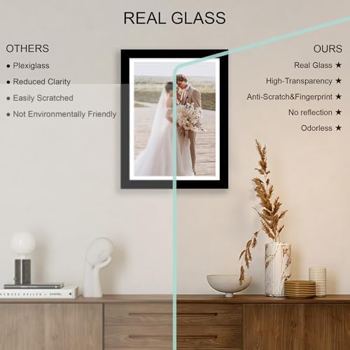 Hongkee 11x15 Picture Frame Set of 4, Made of Real Glass and Black Frame - Display Picture 10x14 with Mat or 11x15 Without Mat, 11 by 15 Photo for Wall Mounting - Image 4