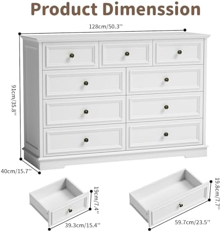 51" Wide Farmhouse 9 Drawer Dresser for Bedroom, White - Image 2