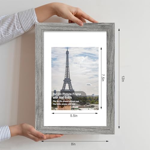 Hongkee 8x12 Picture Frame Set of 4, Made of Glass and Grey Wooden Frame - Display 6x8 Picture with Mat or 8 x 12 Poster Without Mat, 8 by 12 Photo for Wall or Tabletop - Image 2