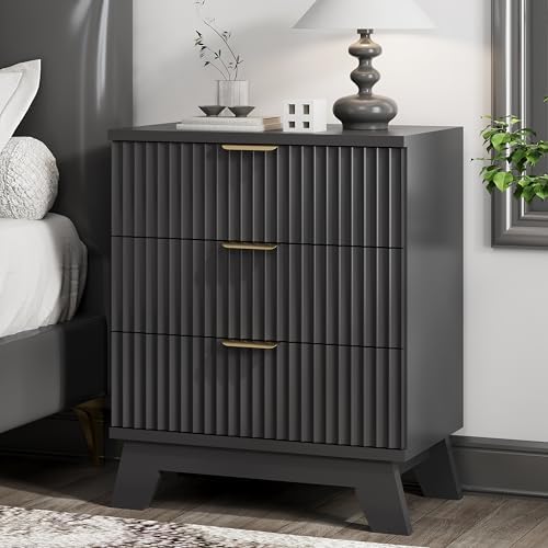 Xixini Fluted Nightstand with 3 Drawers, 24" Wide Side Table, Black by Xixini