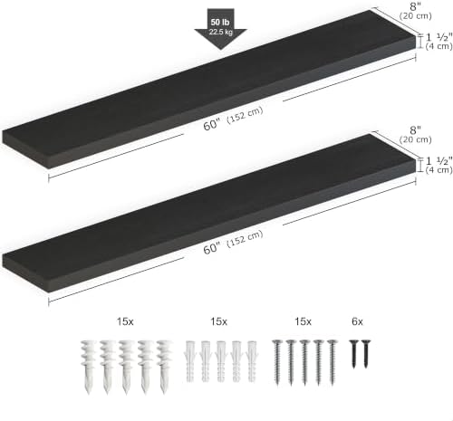 Ballucci Floating Shelves for Wall, 60" Wood Wall Shelf Set of 2, with Invisible Brackets for Bathroom, Living Room, Bedroom, Kitchen, Nursery, 8" Deep, Black - Image 3