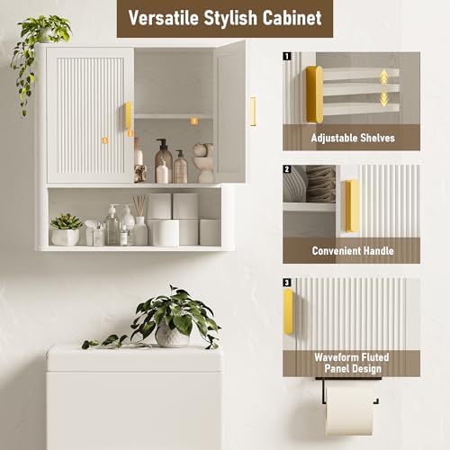 INNOD Bathroom Wall Cabinet, Wall-Mounted Medicine Cabinet with Adjustable Wood Shelf & Doors, Floating Bathroom Cabinet Over Toilet for Laundry Room & Kitchen & Living Room (White) - Image 3