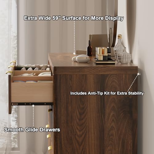 Fluted 9 Drawer Dresser for Bedroom, 59" Horizontal Wide Modern Low Profile Chest of Drawers with Metal Handle & Storage, Long Wooden Dresser TV Stand for Living Room & Closet, Walnut Brown Dresser - Image 4