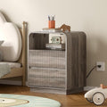 BORNOON Dresser with 2 Drawers and Charging Station, Fluted Bedside Table with Round Curved Corner, Hidden Handles, 2 AC Outlets and 2 USB Ports, Modern Wood End Table with Open Shelf for Bedroom by BORNOON