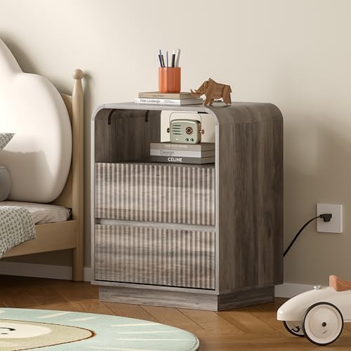 BORNOON Dresser with 2 Drawers and Charging Station, Fluted Bedside Table with Round Curved Corner, Hidden Handles, 2 AC Outlets and 2 USB Ports, Modern Wood End Table with Open Shelf for Bedroom by BORNOON