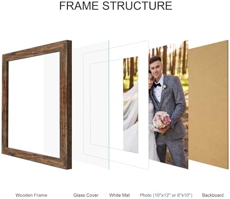 Hongkee 10x12 Picture Frame Set of 4, Made of Real Glass and Rustic Brown Frame - Display Picture 8x10 with Mat or 10x12 Without Mat, 10 by 12 Photo for Wall Mounting - Image 3