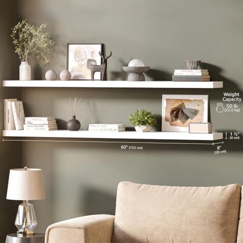 Ballucci Floating Shelves for Wall, 60" Wood Wall Shelf Set of 2, with Invisible Brackets for Bathroom, Living Room, Bedroom, Kitchen, Nursery, 8" Deep, White - Image 2