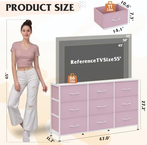 WLIVE Dresser TV Stand for 55 Inch TV, 9 Drawer Dresser for Bedroom, A-Pink - Image 3
