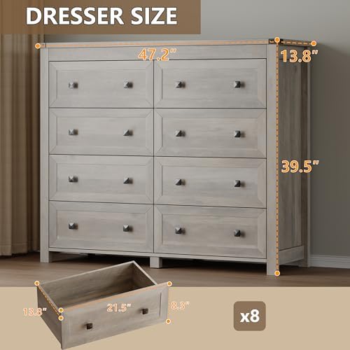 BORNOON Tall 8-Drawer Dresser, Modern Wooden Storage Chest of Drawers, Dresser TV Stand, Wood Drawer Organizer with Metal Handles for Bedroom, Living Room, Hallway - Image 2