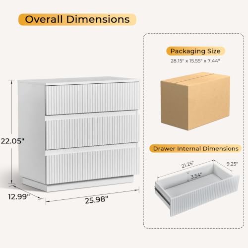Karl home White 3 Drawer Fluted Nightstand, Modern Storage Chest of Drawers - Image 3