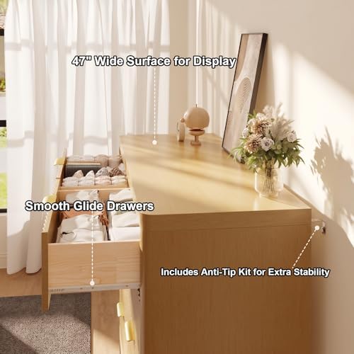 Fluted 8 Drawer Dresser for Bedroom, 47" Wide Modern Chest of Drawers with Metal Handle & Storage, Wooden Dresser TV Stand, Closet Clothes Storage Organizer for Living Room, Natural Oak Dresser - Image 4