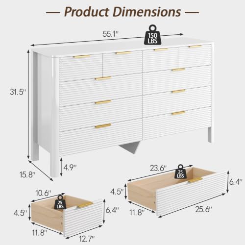 Fluted 10 Drawer Dresser, 55" Wide High Gloss Dresser for Bedroom - Image 2
