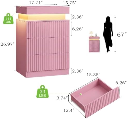 Fluted LED Night Stand with Charging Station, Pink - Image 2