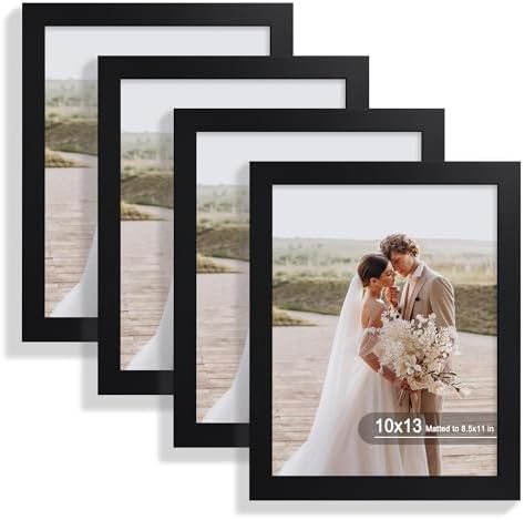 Hongkee 10x13 Picture Frame Set of 4, Made of Real Glass and Black Frame, 10 by 13 Photo for Wall or Tabletop - Display Picture 8.5x11 with Mat or 10x13 Without Mat by Hongkee
