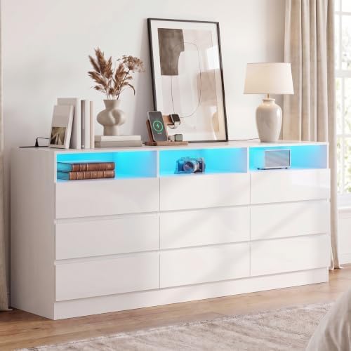 Gyfimoie 63" White 9-Drawer Dresser for Bedroom w/Power Outlet, LED Light by Gyfimoie