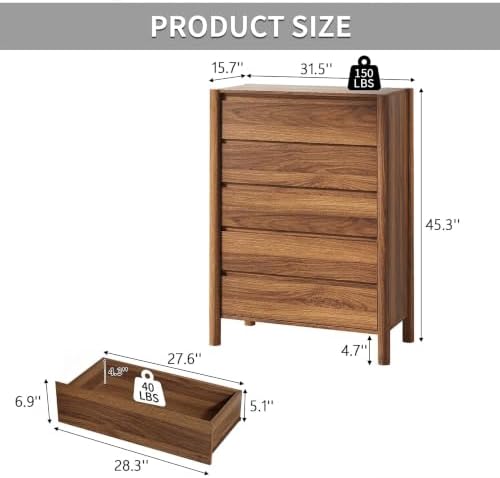 CHUWELL 45" Tall Walnut 5 Drawer Dresser for Bedroom with Solid Wood Legs - Image 2