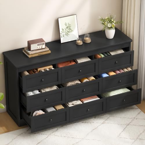 wanan Black 9 Drawer Dresser for Bedroom, Modern 59'' Wide Wood Chest of Drawers, Dresser TV Stand, Storage Organizer with Metal Handles for Living Room, Hallway, Entryway - Image 3