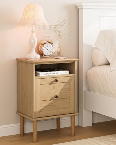 Nightstand, Boho Night Stand with 1 Drawer, Modern Side Accent Table with Open Shelf, Wooden Top Bedside End Table for Bedroom, Living Room, Natural - Image 3