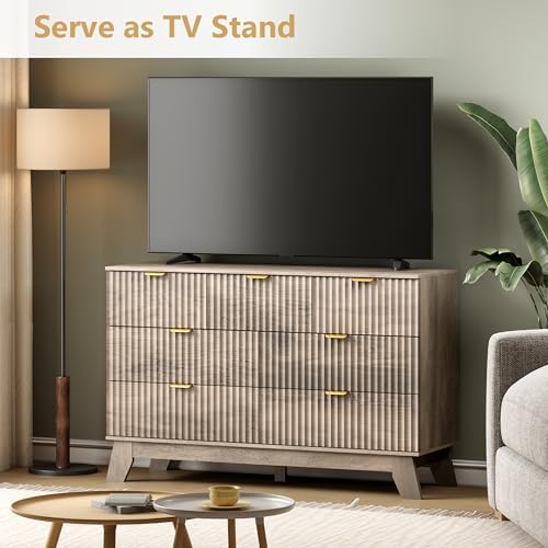 Wodeer 7 Drawer Fluted Dresser for Bedroom, Mid Century Modern Wooden Dresser with 7 Drawers, Dressers & Chests of Drawers with Metal Handle, TV Stand & Storage Organizer for Entryway, Hallway, Grey - Image 3
