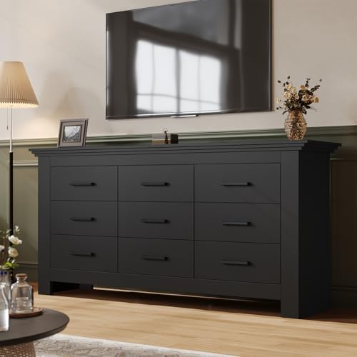 9 Drawer Dresser for Bedroom, Wood Triple Wide Dressers with Metal Handle, Dresser Chests of Drawers, Vintage Design Storage Chest Cabinet and Organizer Drawers for Closet, Hallway, Entryway, Black - Image 3