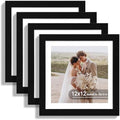 Hongkee 12x12 Picture Frame Set of 4 - Made of Glass and Black Wooden Frame, Display Square Pictures 10x10 with Mat or 12 x 12 without Mat, Desktop & Wall Collage Photo Frame by Hongkee