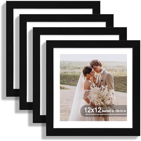 Hongkee 12x12 Picture Frame Set of 4 - Made of Glass and Black Wooden Frame, Display Square Pictures 10x10 with Mat or 12 x 12 without Mat, Desktop & Wall Collage Photo Frame by Hongkee