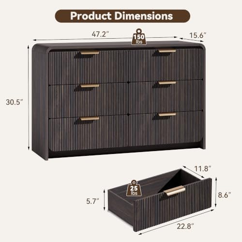 47" Fluted 6 Drawer Dresser for Bedroom, Living Room, Entryway Black Walnut - Image 2