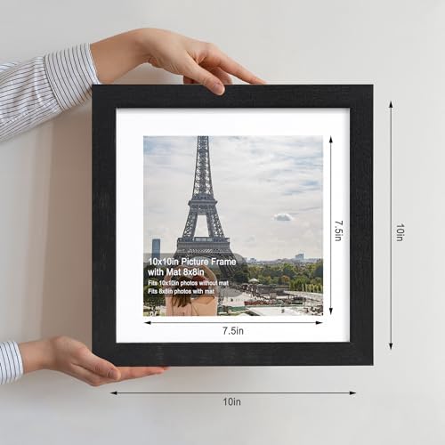 Hongkee 10x10 Picture Frame Set of 4, Made of Glass and Rustic Black Wooden Frame - Display Picture 8x8 with Mat or 10 x 10 Without Mat, 10 by 10 Photo for Wall or Tabletop - Image 2