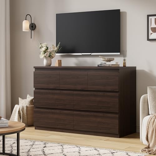 Jocoevol Modern Brown 7 Drawer Dresser for Bedroom, Simply Chest of Drawers, Wood Storage Dresser with Deep Drawers for Living Room Hallway Entryway, Brown - Image 3
