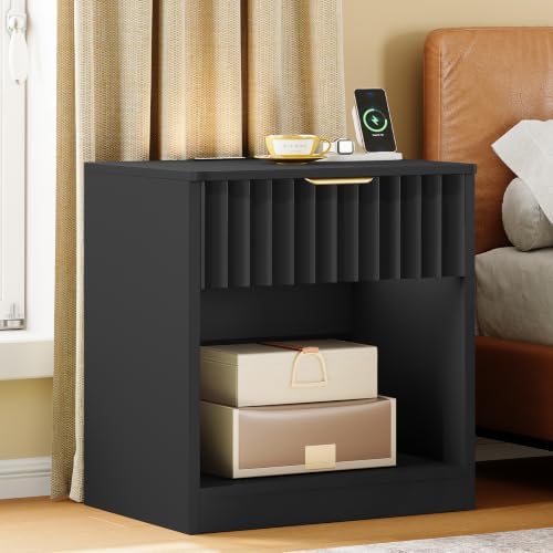 TEENFON Fluted Nightstands Set of 2, Night Stand with Charging Station and LED Light, Nightstand with Storage Drawer and Open Shelf, Bedside Table for Small Space, Bedroom, Black - Image 2