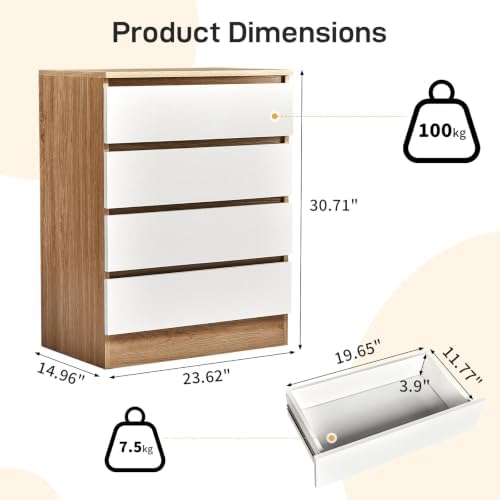 Karl home White Wood Effect 4 Drawer Modern Dresser, Bedroom Storage Chest - Image 3