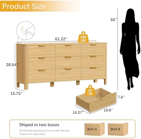 Wodeer 9 Drawer Dresser for Bedroom, 62" Wide Wood Storage Cabinet with Fluted Design, Modern Chest of Drawers & TV Stand for Living Room, Nursery Clothing Organizer with Metal Slides, Anti-Tipping - Image 2
