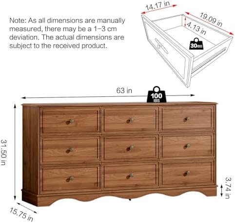 Chrangmay 9 Drawer Dresser,63" Wide Mid Century Chest of Drawers,Wooden Bedroom Drawer Dresser with 9 Storage Drawers for Bedroom,Living Room,with Anti-Tipping Device,Umber. - Image 2