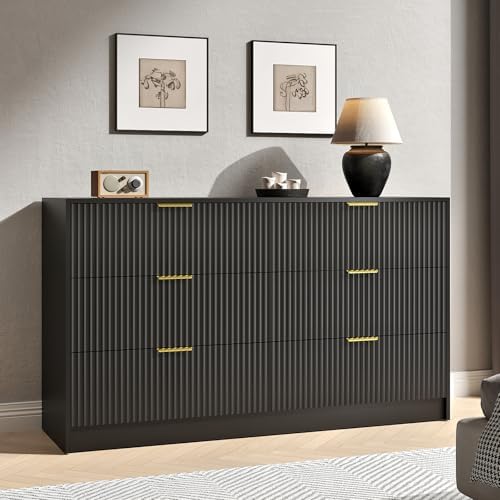 Black Dresser with 6 Drawer 55" Wide Fluted Dresser for Bedroom丨Modern Chest of Drawer with Metal Handles, Wood TV Stand for Bedroom, Living Room, Entryway, Hallway, Black by NOVAMAISON