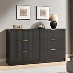 Black Dresser with 6 Drawer 55" Wide Fluted Dresser for Bedroom丨Modern Chest of Drawer with Metal Handles, Wood TV Stand for Bedroom, Living Room, Entryway, Hallway, Black by NOVAMAISON