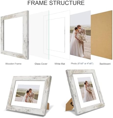 Hongkee 6x8 Picture Frame Set of 4, Made of Real Glass and Distressed White Frame - Display Picture 4x6 with Mat or 6x8 Without Mat, 6 by 8 Photo for Wall or Tabletop - Image 3
