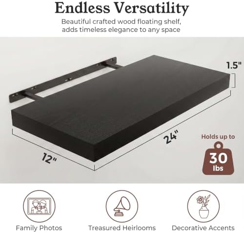 24" Black Floating Shelves 12inch Deep Wall Shelf, Set of 2 - Image 2